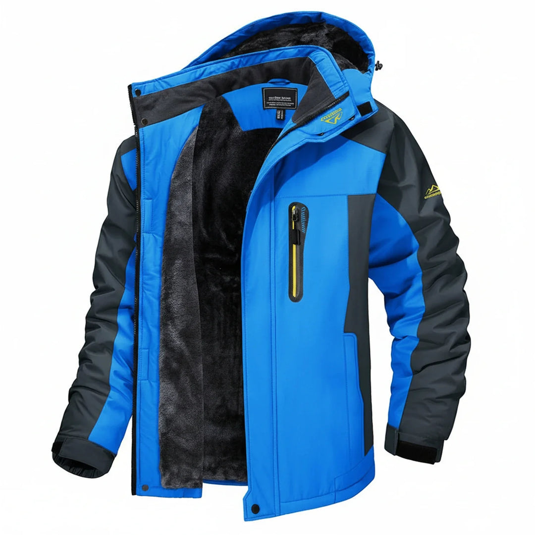 Warm men's winter hooded jacket, weather-resistant for extreme cold. Perfect for outdoor activities.