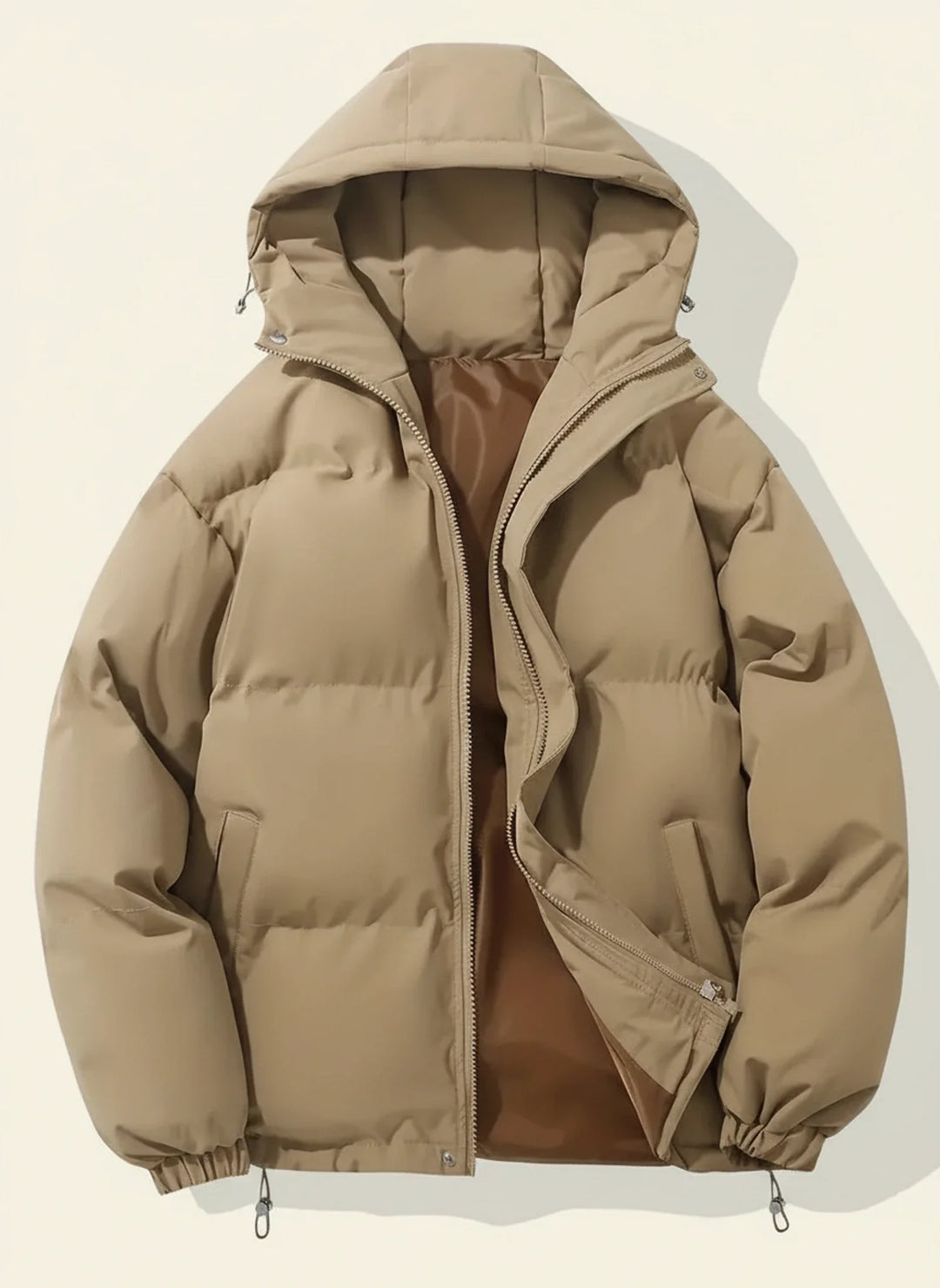 Comfortable women's hooded puffer jacket, warm winter outerwear for a relaxed casual look.