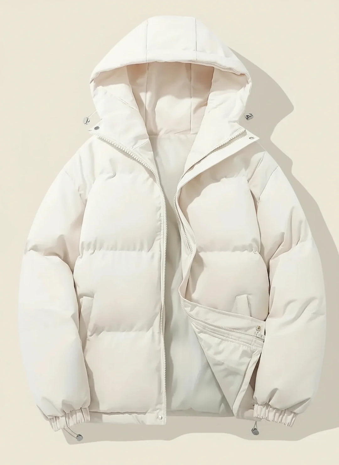 Stylish women's hooded puffer coat, an essential warm winter jacket for cold weather days.
