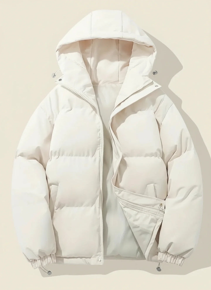 Stylish women's hooded puffer coat, an essential warm winter jacket for cold weather days.