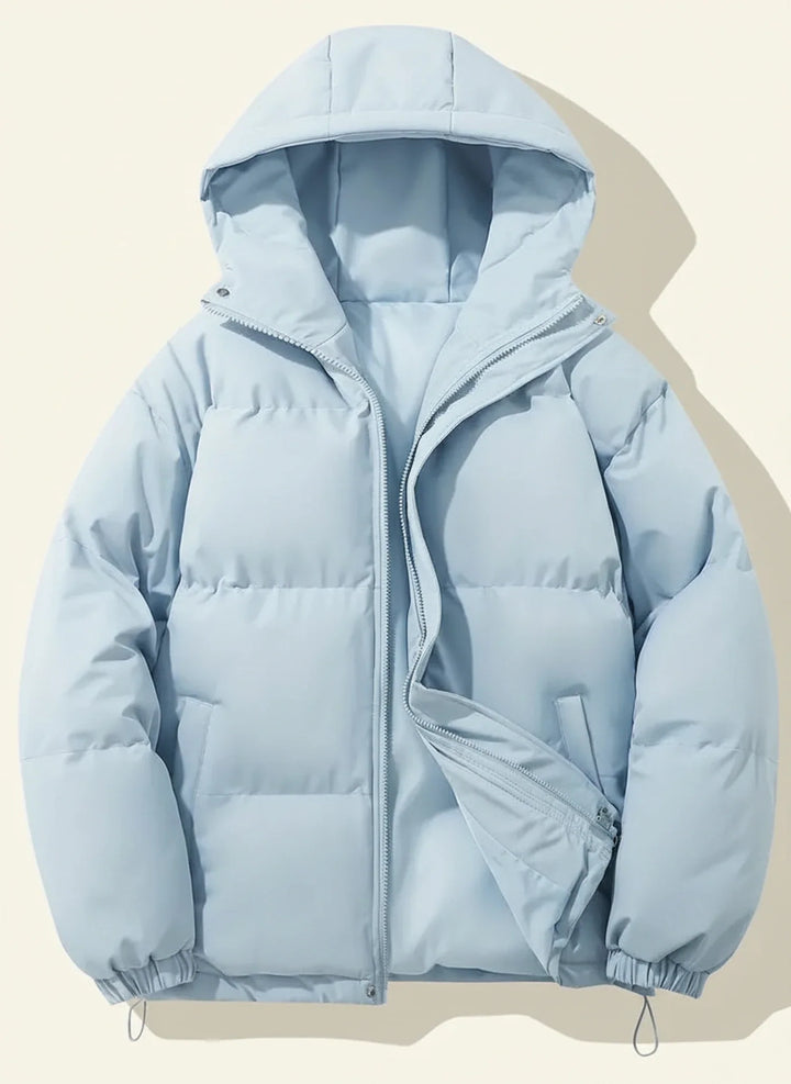 Women's casual hooded puffer jacket, a fashionable & warm quilted outerwear for winter.