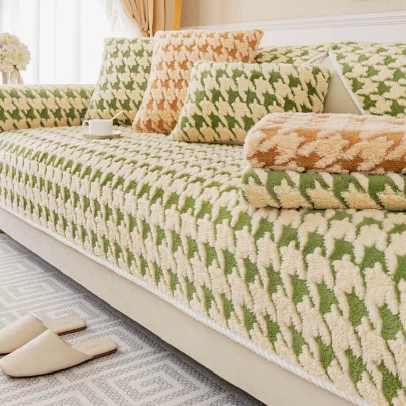 Houndstooth plush anti-slip sofa protector mat, pet friendly couch cover for furniture protection.