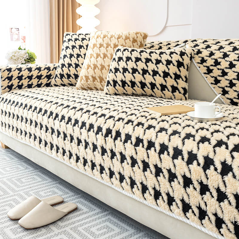 Multi-piece houndstooth plush anti-slip couch cover set, comprehensive sofa protection.