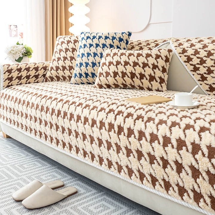 Luxurious houndstooth plush anti-slip couch cover, pet friendly sofa protector mat.