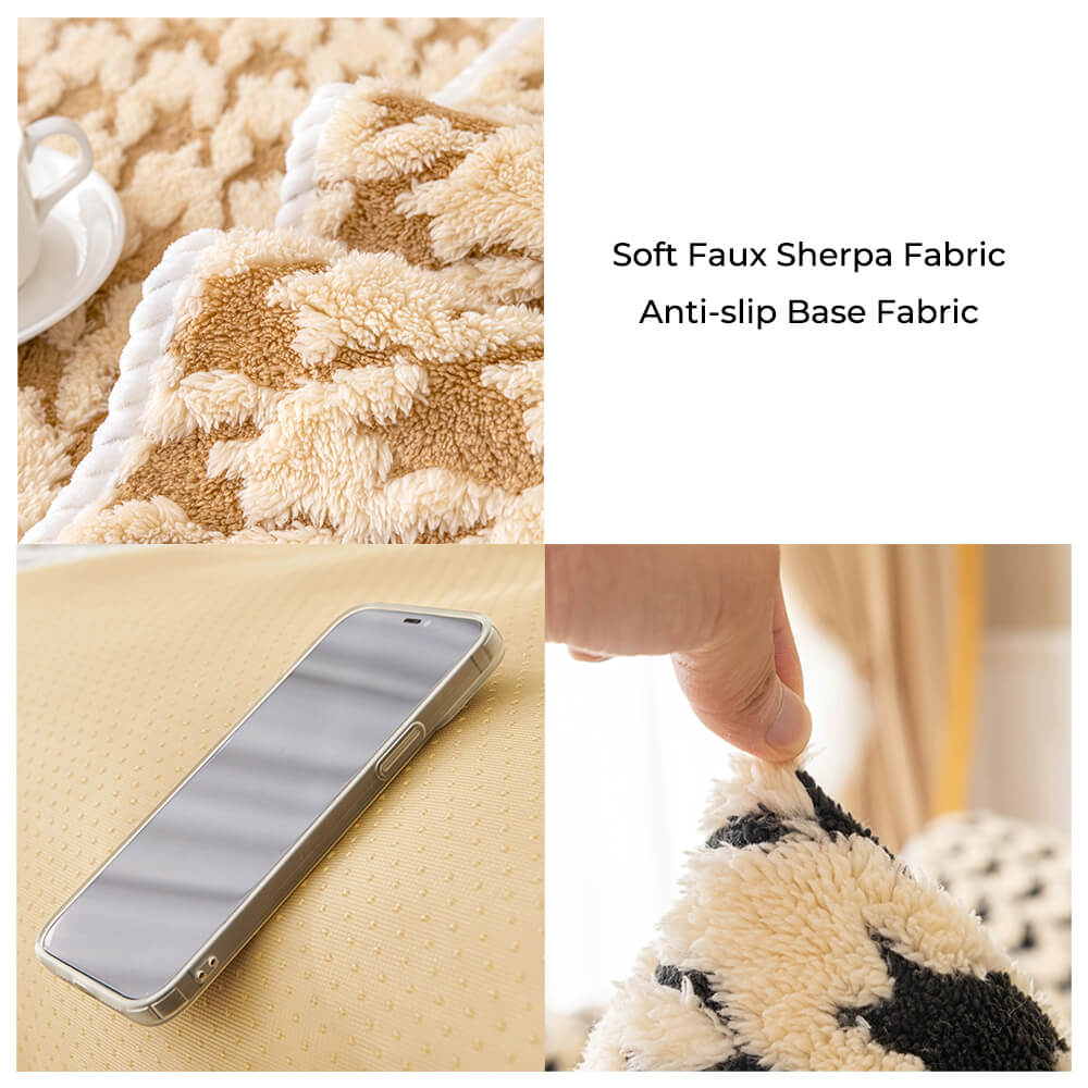 Sectional couch with houndstooth plush anti-slip sofa protector, elegant home decor.
