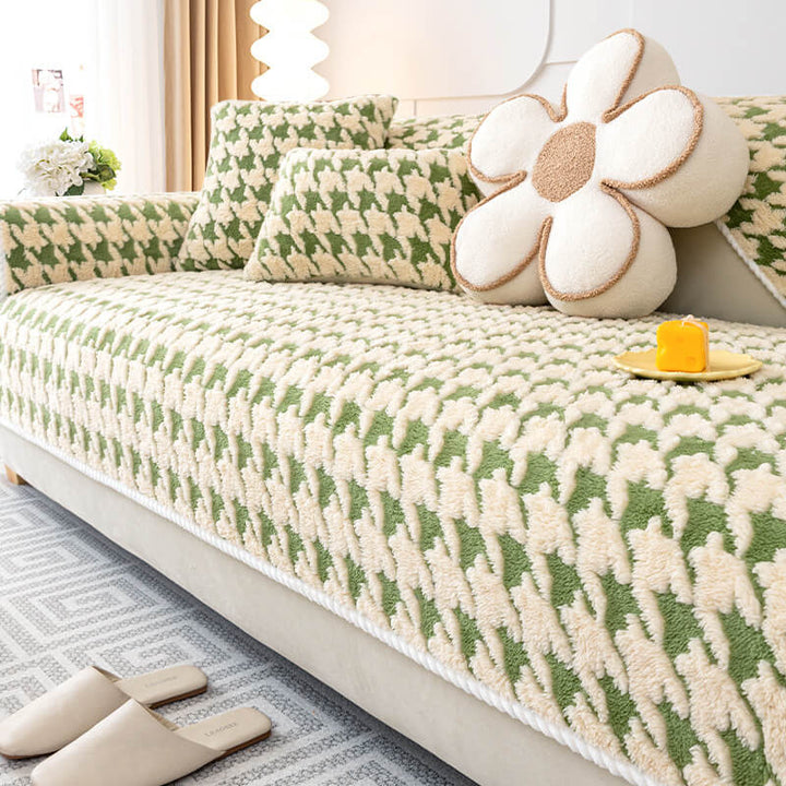 Houndstooth pattern plush sofa mat, anti-slip furniture protector for modern living rooms.