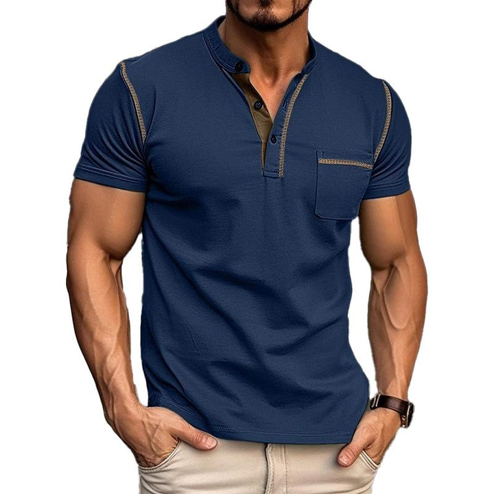 Men's Henley Tee with button placket & chest pocket, comfortable casual top.