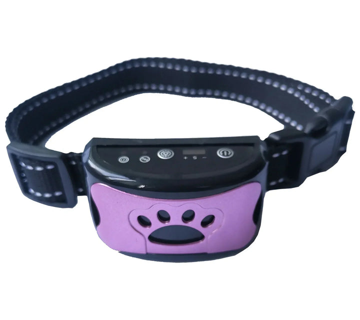 Close-up of a humane anti-bark collar, showcasing its vibration unit and adjustable strap