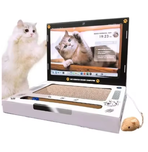 Humorous laptop cat scratcher toy made of corrugated cardboard, perfect pet accessory for playful cats.