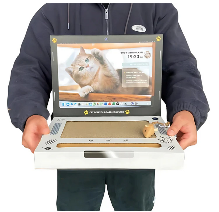 Modern design cat scratcher shaped like a laptop, a funny pet gift for cat care and entertainment.