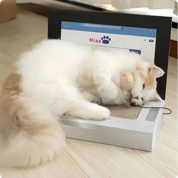 Cat using a humorous laptop cat scratcher toy, engaging with the corrugated cardboard surface.