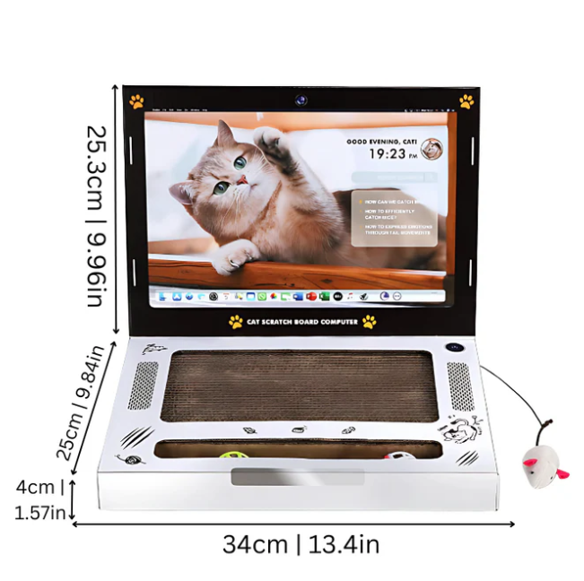 Novelty laptop cat scratcher toy in a home setting, providing cat care and amusement for feline friends.