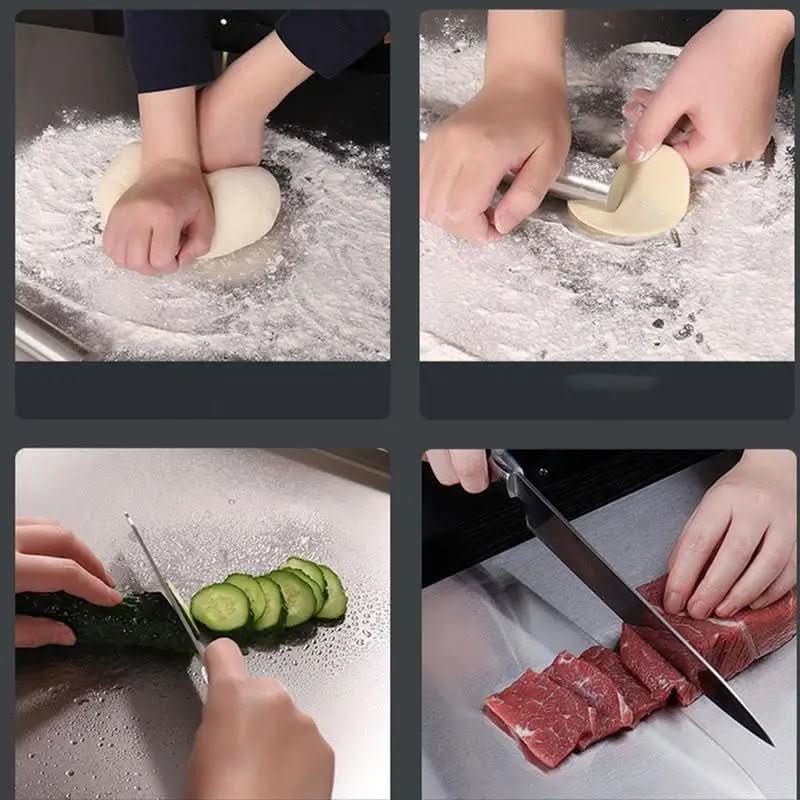 Sleek stainless steel cutting board, hygienic & easy to clean. Features non-slip grip for secure kitchen use.