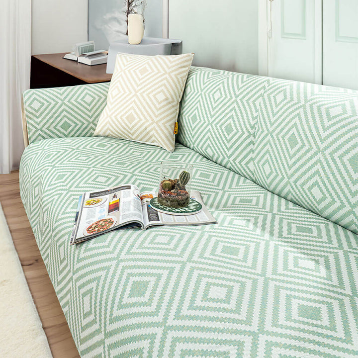 Ice silk cooling sofa cover with blue geometric pattern, perfect for summer comfort and protecting furniture.