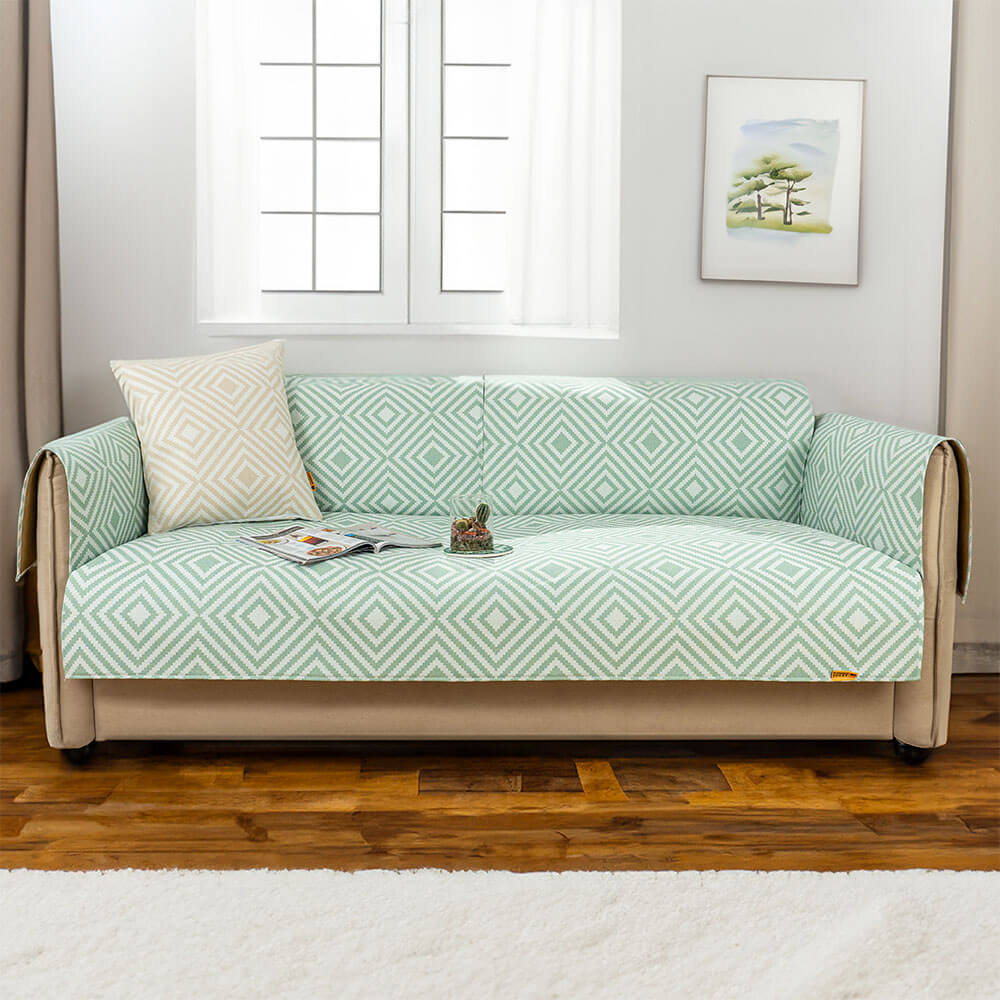 Light blue ice silk cooling sofa protector featuring an elegant geometric design, suitable for any couch.