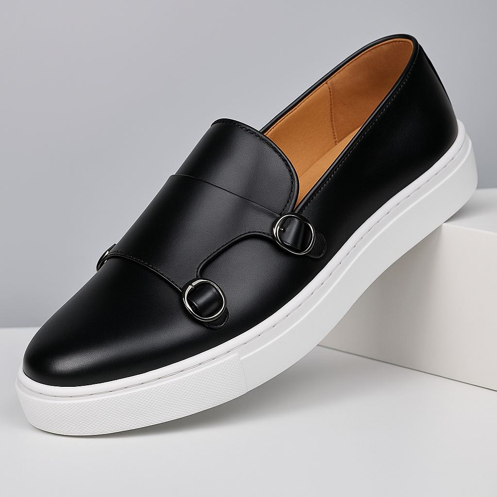 Close-up of the polished leather texture on men's classic monk strap dress shoes, high-quality footwear.