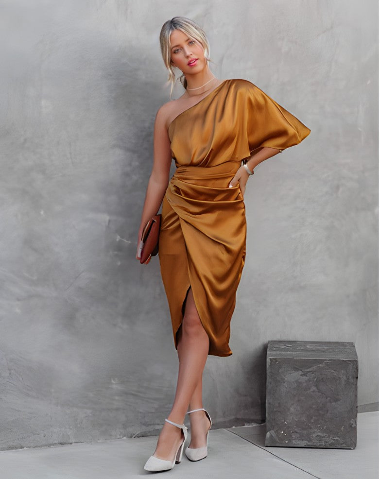 Flattering off-shoulder asymmetrical evening dress, perfect for women's parties.