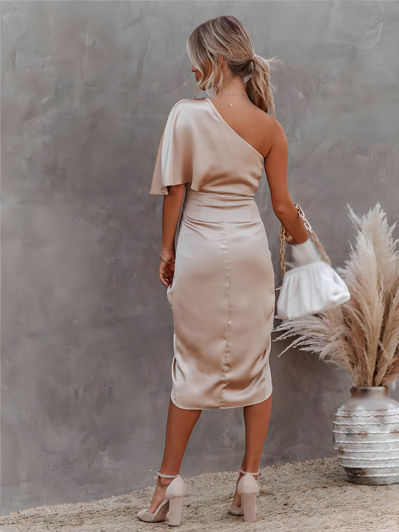 Elegant asymmetrical off-shoulder party dress for women's evening events.