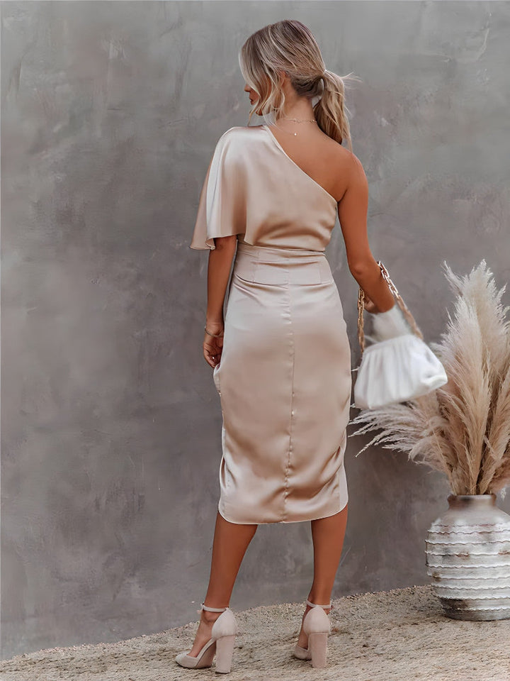 Elegant asymmetrical off-shoulder party dress for women's evening events.