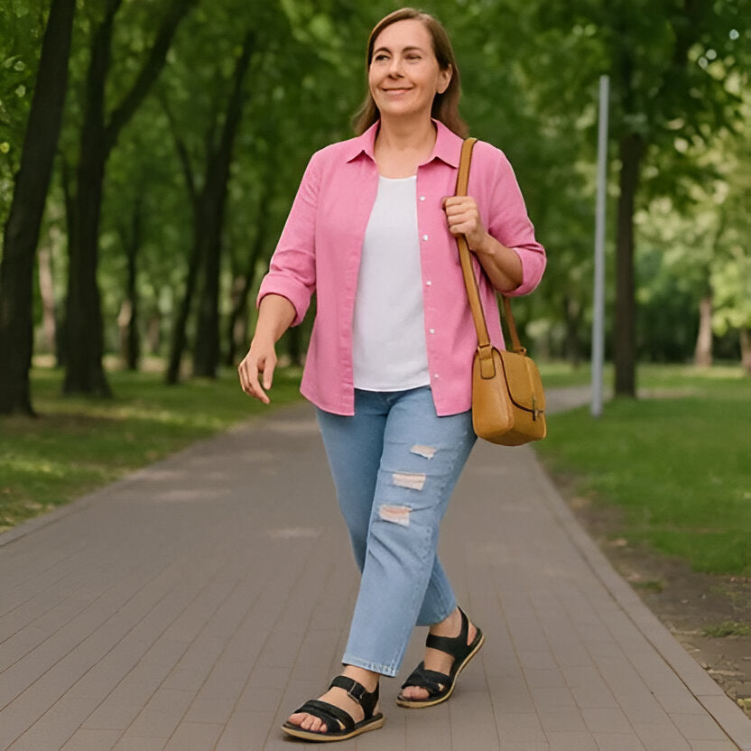 Stylish women's comfort sandals with adjustable straps and orthopedic arch support for walking.