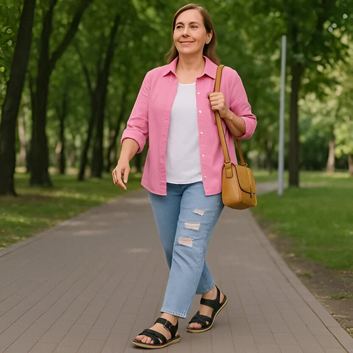 Stylish women's comfort sandals with adjustable straps and orthopedic arch support for walking.