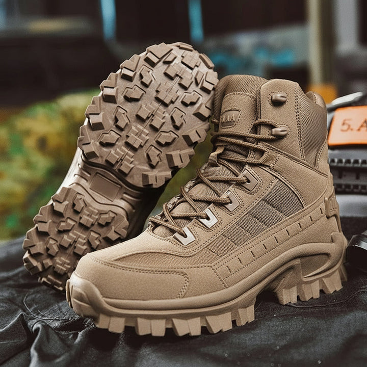 Beige men's lace-up winter boots with strong traction for cold weather comfort and outdoor durability.