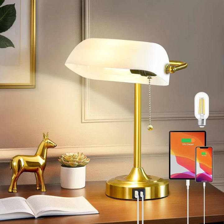 Vintage style banker lamp, smart reading light with USB-C & USB charging.