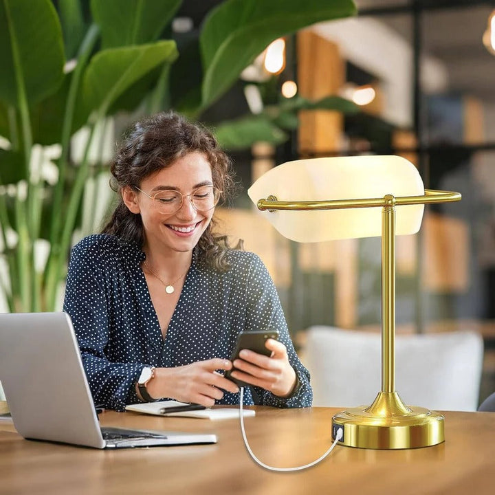Unisex retro study lamp, classic banker style with convenient USB-C & USB charging.