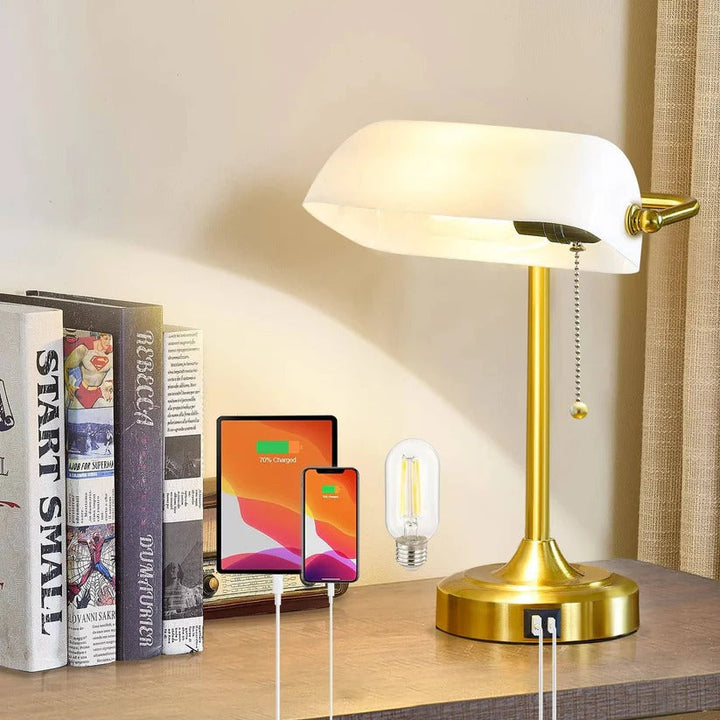 Smart retro desk lamp, reading light for modern desks, featuring dual USB & Type-C charging.