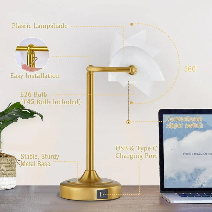 Stylish retro office lamp, vintage design with integrated USB & Type-C charging for devices.