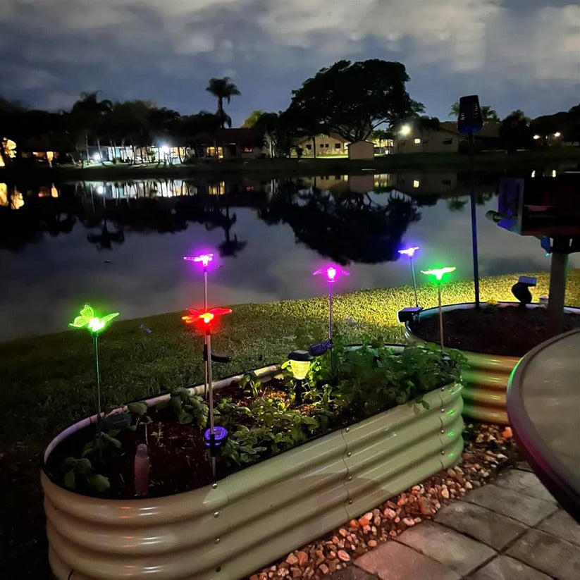 Set of 6 solar crystal figurine LED lights: butterfly, hummingbird, dragonfly for pathway & yard lighting.