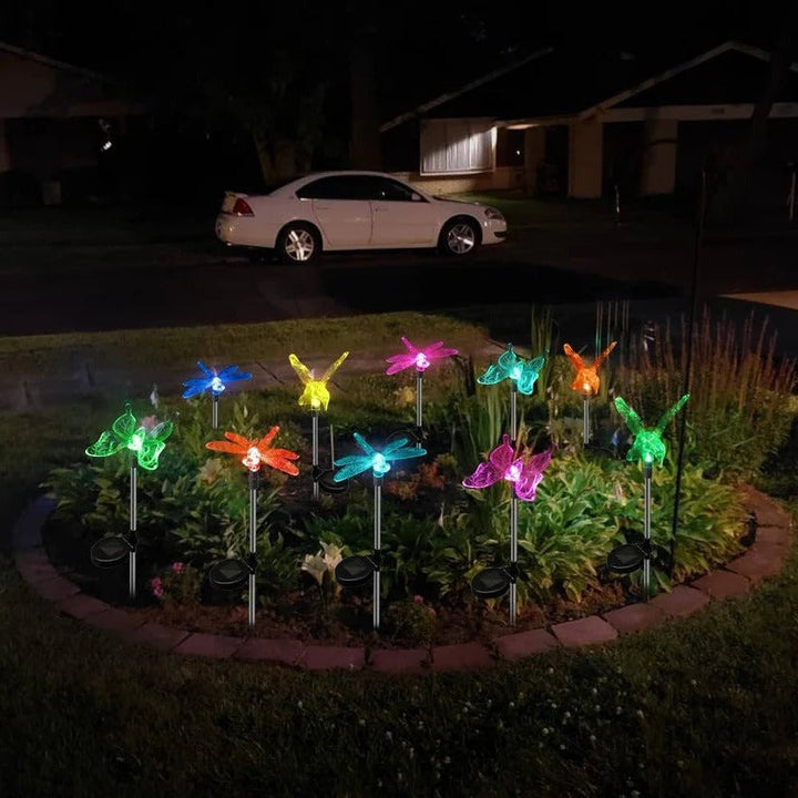 Waterproof solar LED garden lights with crystal butterfly, hummingbird & dragonfly figurines. Perfect pathway decor.