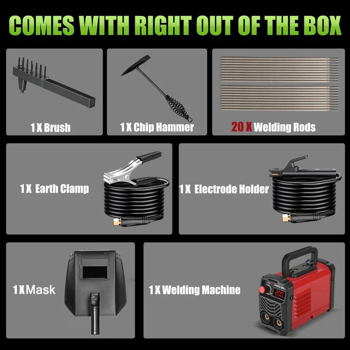 Versatile dual voltage portable MMA stick welder for arc welding, suitable for various metal repairs.
