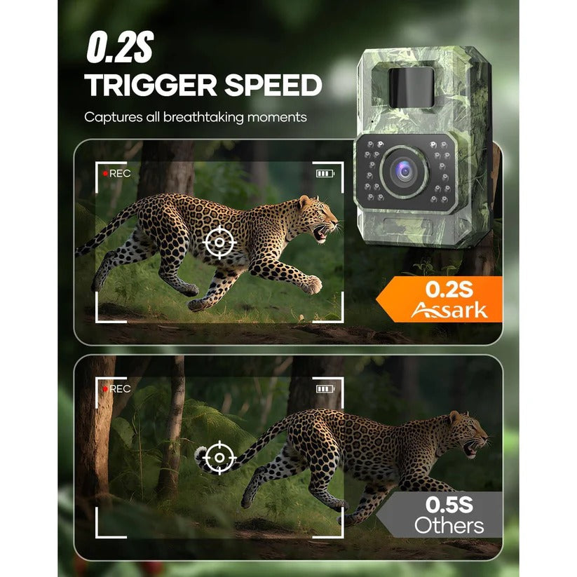 Rugged waterproof solar trail camera for hunting & wildlife monitoring, 48MP high-res photos & clear night vision.