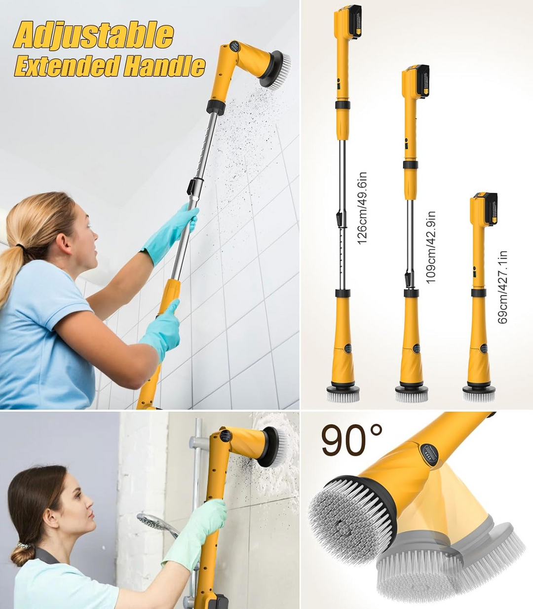 Efficient cordless electric spin scrubber for fast deep cleaning of tiles, grout, and showers. Rechargeable battery.