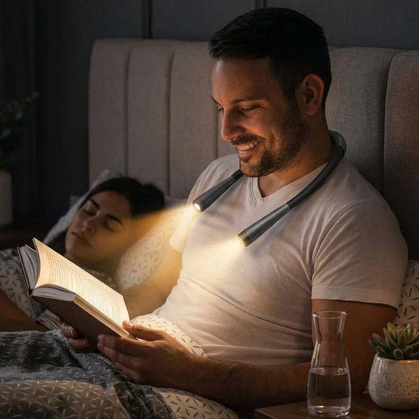 Portable hands-free neck light for knitting, crafting, or reading. Rechargeable LED with flexible arms & 3 modes.