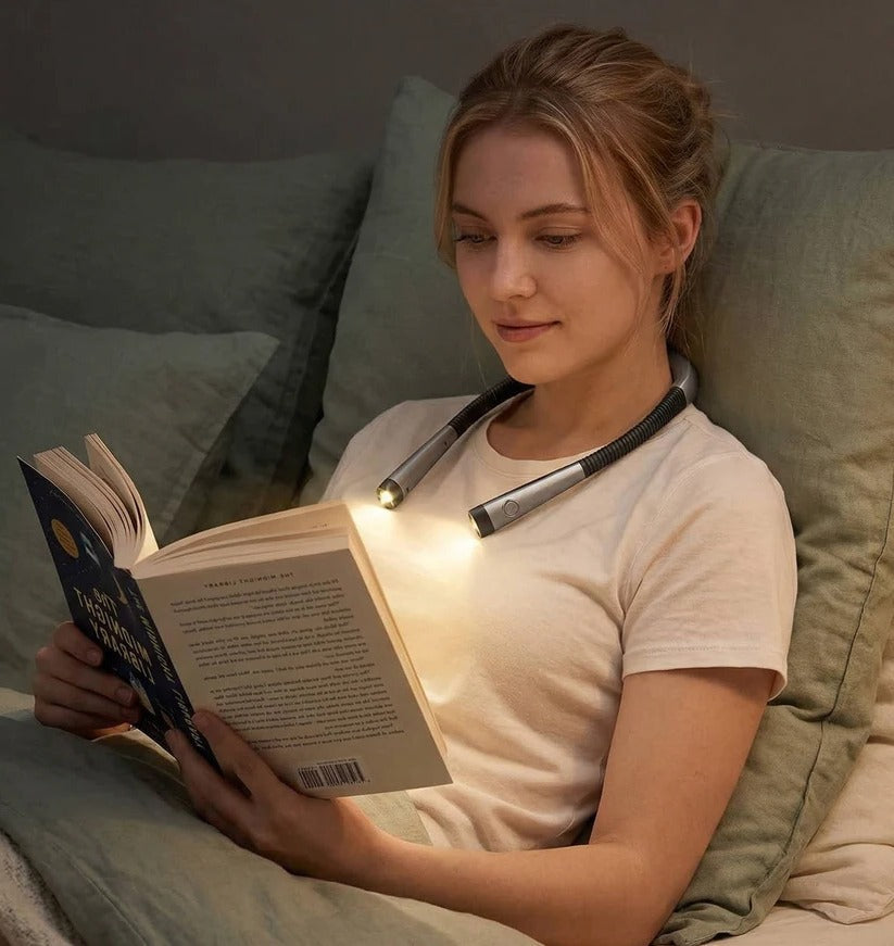 Compact, rechargeable neck reading light. Hands-free LED with flexible arms & 3 light modes for various tasks.