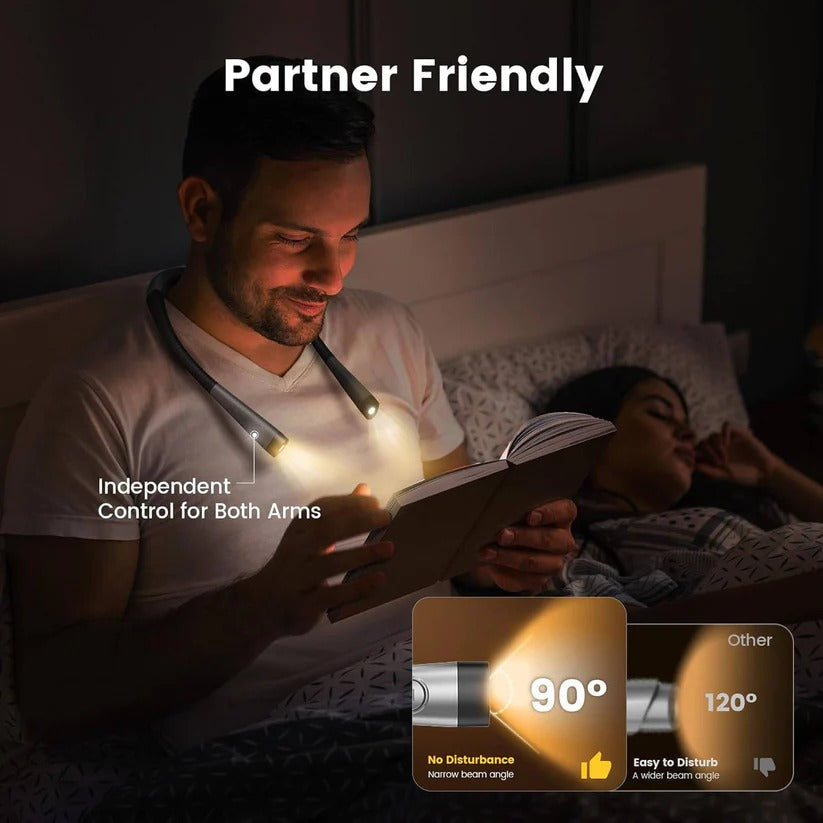 Versatile LED neck light: hands-free rechargeable book light for reading, crafts, camping. Flexible arms, 3 colors.