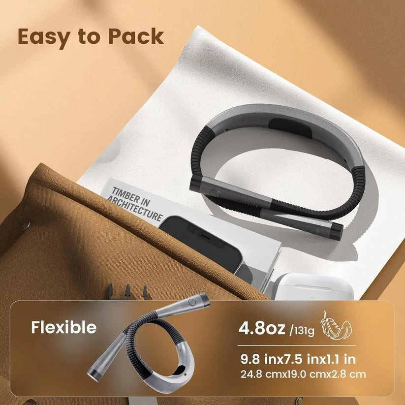 Ergonomic hands-free neck reading light. USB rechargeable LED with flexible arms & 3 color modes for comfort.