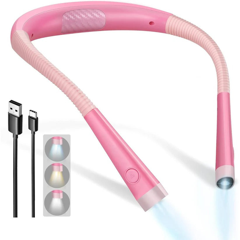 Unisex hands-free neck light, rechargeable for reading, camping, or crafts. Flexible arms & 3 color modes.
