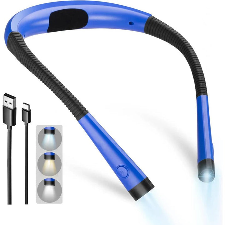 Flexible LED neck reading light with 3 color modes. USB rechargeable, perfect for books, crafts, knitting.