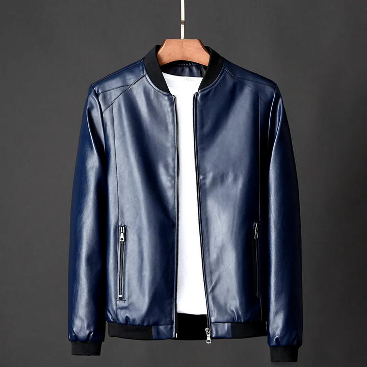 Versatile men's midnight blue jacket. A stylish zip-up outerwear piece for modern casual fashion and everyday wear.