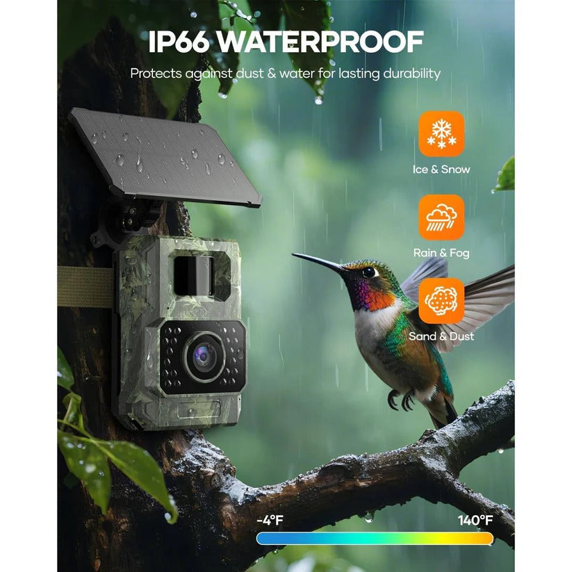High-res 48MP solar trail camera for outdoor use, 1080p video, night vision, and wireless control for easy setup.