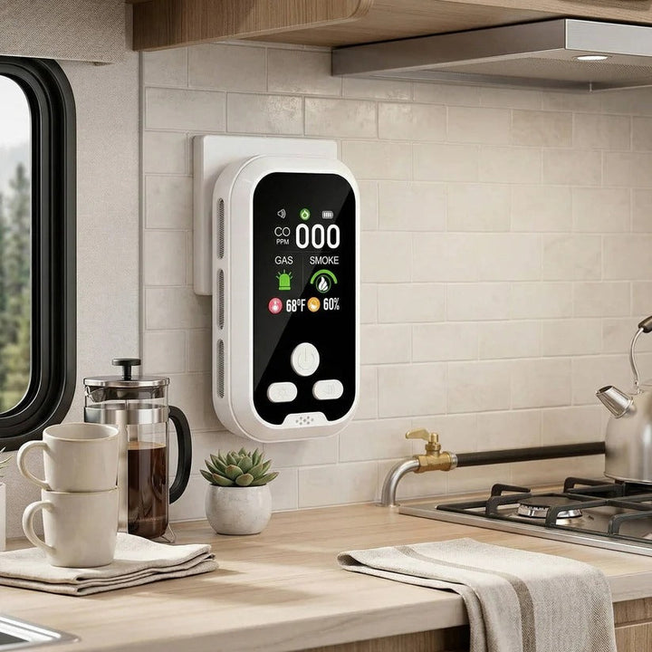 Rechargeable Carbon Monoxide, Gas & Smoke Detector with LCD display for comprehensive home safety monitoring.