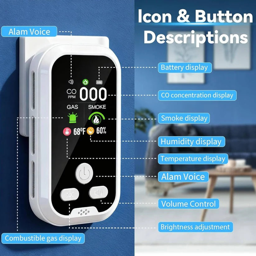 Portable multi-function CO, flammable gas & smoke alarm with rechargeable battery for essential home protection.