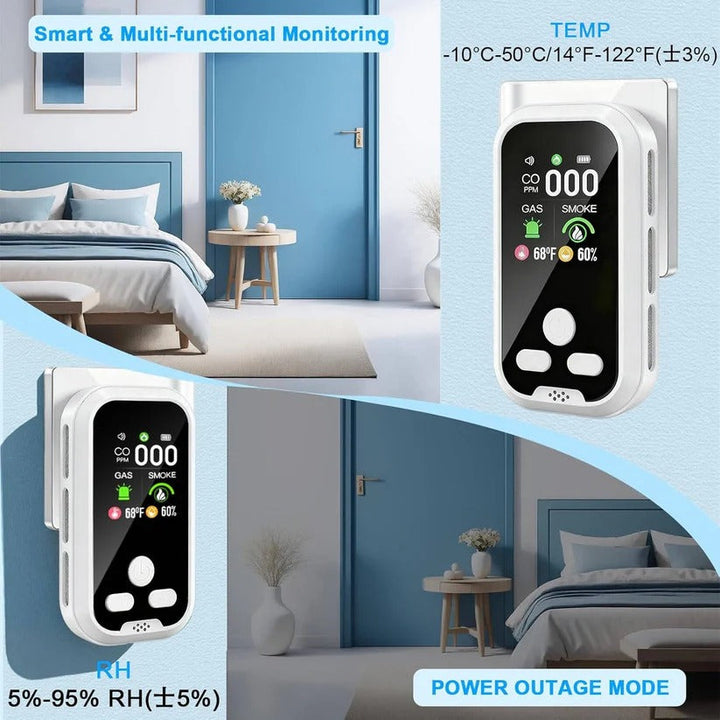 Advanced environmental monitor: rechargeable CO sensor, gas detector & smoke alarm with clear digital display.