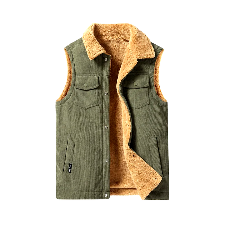 Stylish green men's corduroy vest, cashmere lined, with pockets, offering warmth & fashion for winter layering.