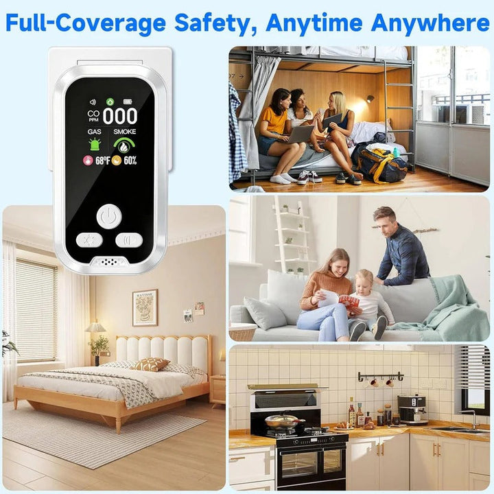 All-in-one rechargeable carbon monoxide, natural gas leak, and smoke alarm for reliable household safety.