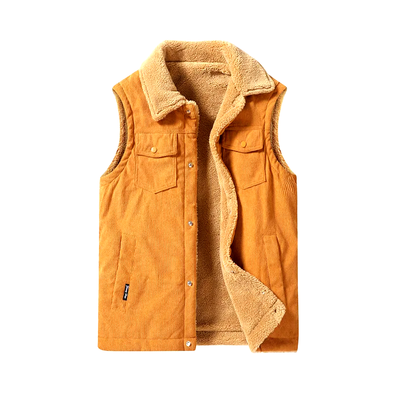 Comfortable beige men's corduroy vest, cashmere lined, with pockets, perfect for casual winter outerwear.