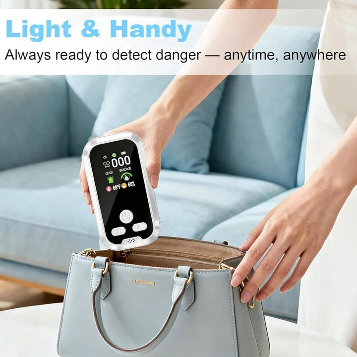 Rechargeable CO & flammable gas detector with smoke alarm and bright LCD display for real-time safety alerts.